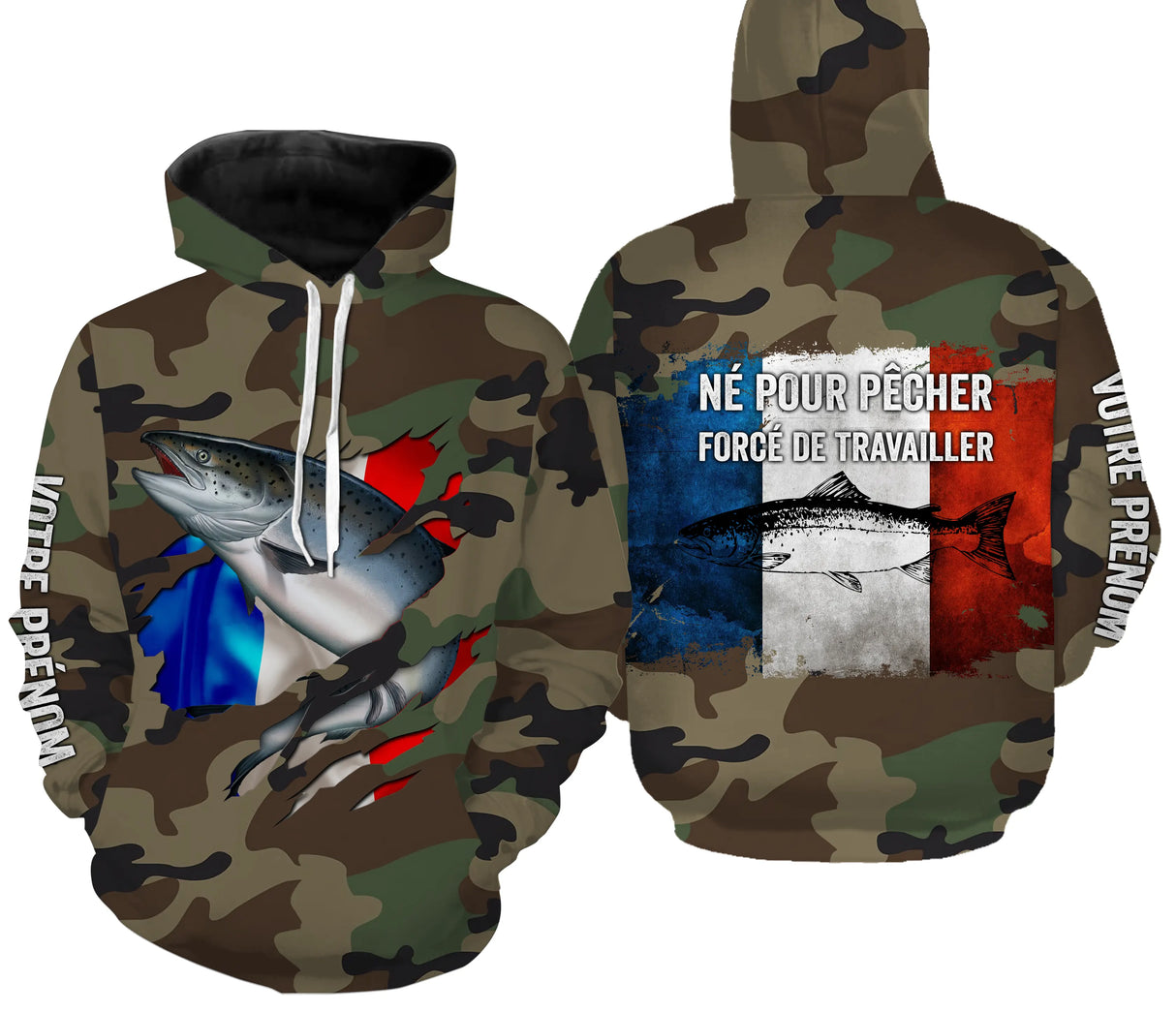 T-shirt manches longues pêche saumon UV camouflage forêt motif saumon drapeau France pêcheur prénom personnalisé