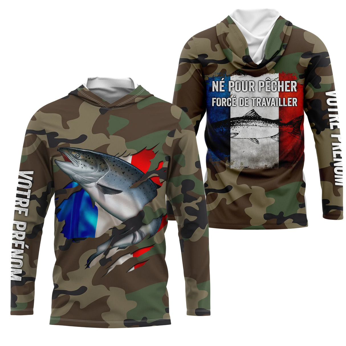 Sweat zippé pêche saumon UV all-over camouflage motif saumon drapeau France Né pour pêcher prénom personnalisé
