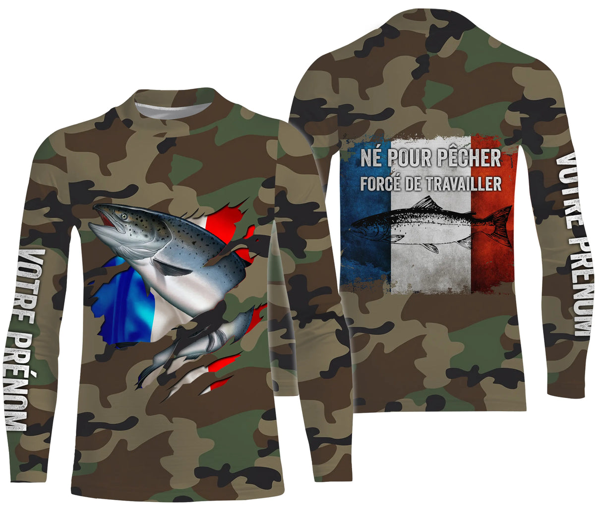 Maillot pêche saumon UV all-over camouflage motif saumon drapeau tricolore Né pour pêcher pêcheur prénom personnalisé