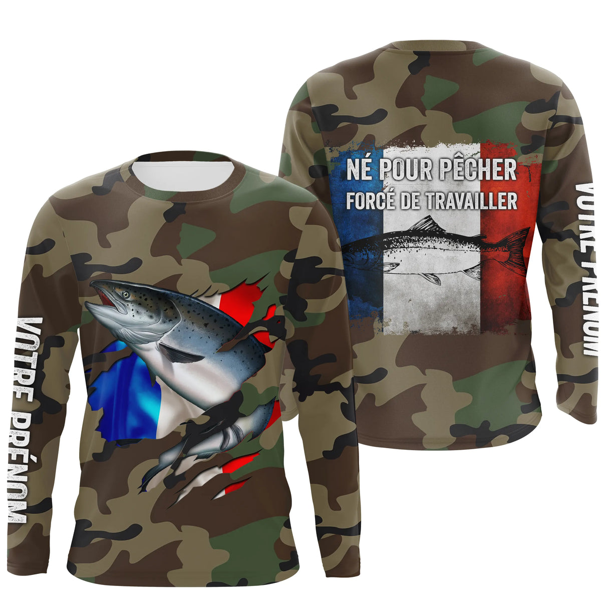 Hoodie pêche saumon UV all-over camouflage forêt motif saumon argenté drapeau France pêcheur prénom personnalisé