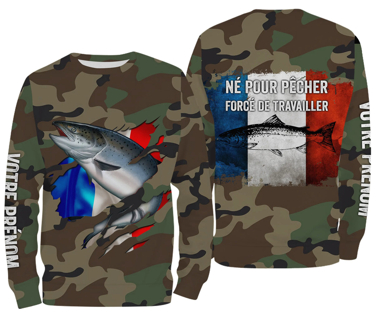 Sweat capuche pêche saumon UV all-over camouflage forêt motif saumon drapeau tricolore prénom personnalisé pêcheur