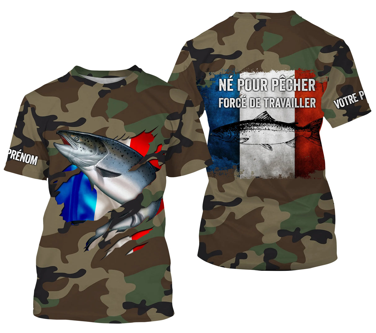 Maillot UV manches longues pêche saumon all-over camouflage forêt motif saumon drapeau tricolore prénom personnalisé