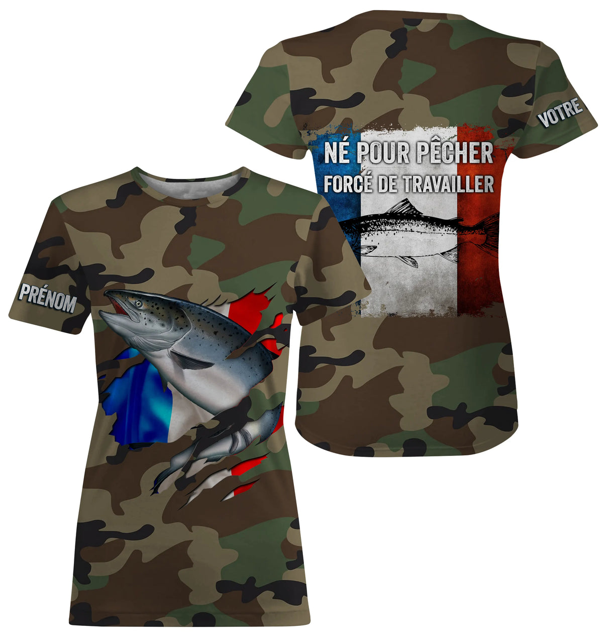 T-shirt UV pêche saumon all-over camouflage forêt motif saumon drapeau France Né pour pêcher prénom personnalisé