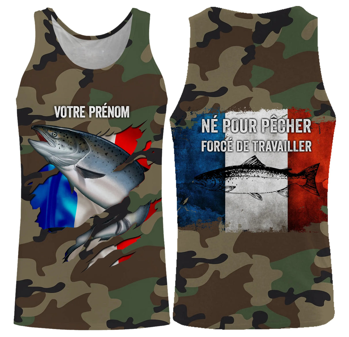 Maillot pêche saumon UV camouflage France motif saumon drapeau tricolore slogan Né pour pêcher prénom personnalisé
