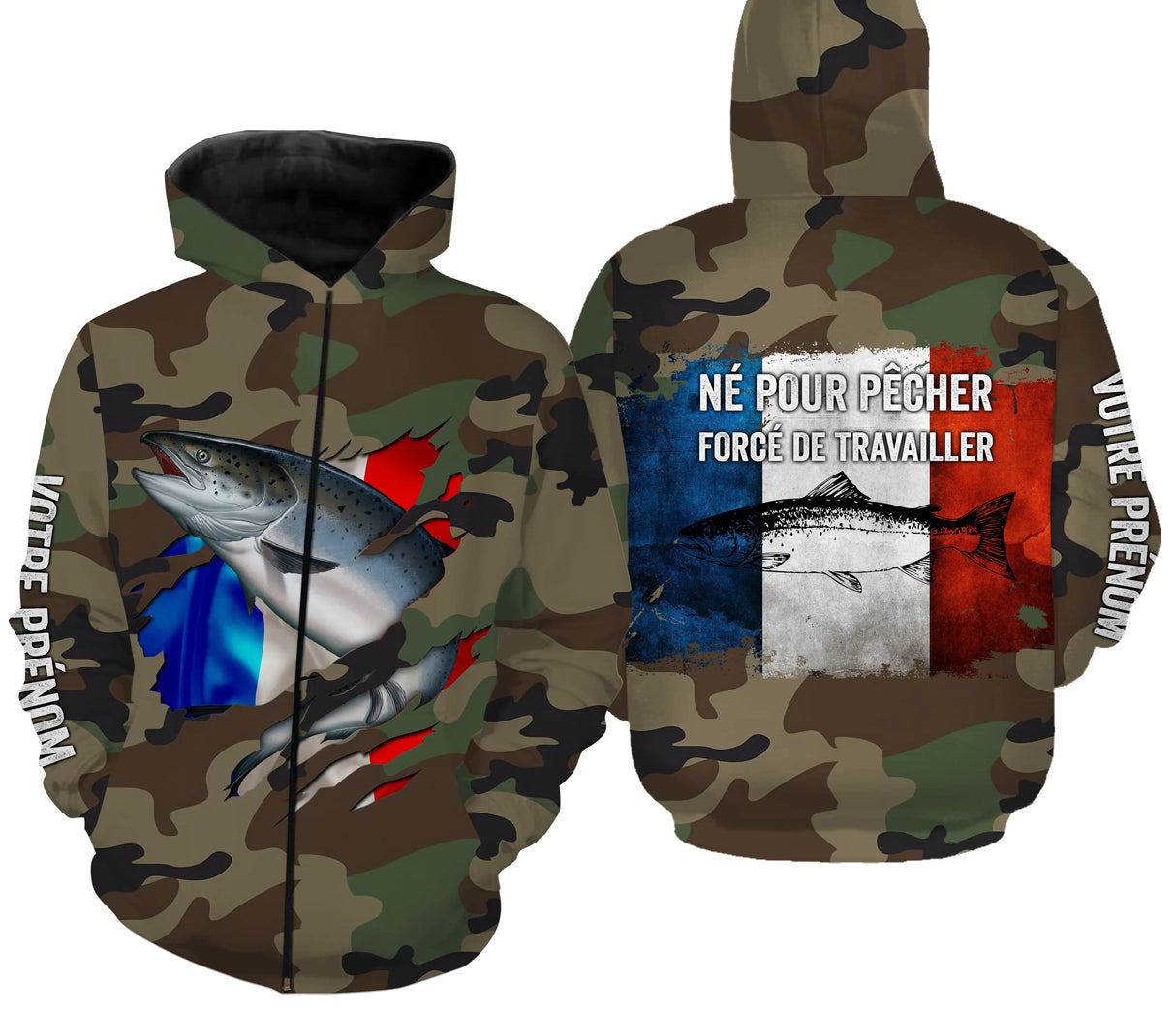 Maillot UV pêche saumon all-over camouflage forêt motif saumon argenté drapeau tricolore prénom personnalisé moucheur