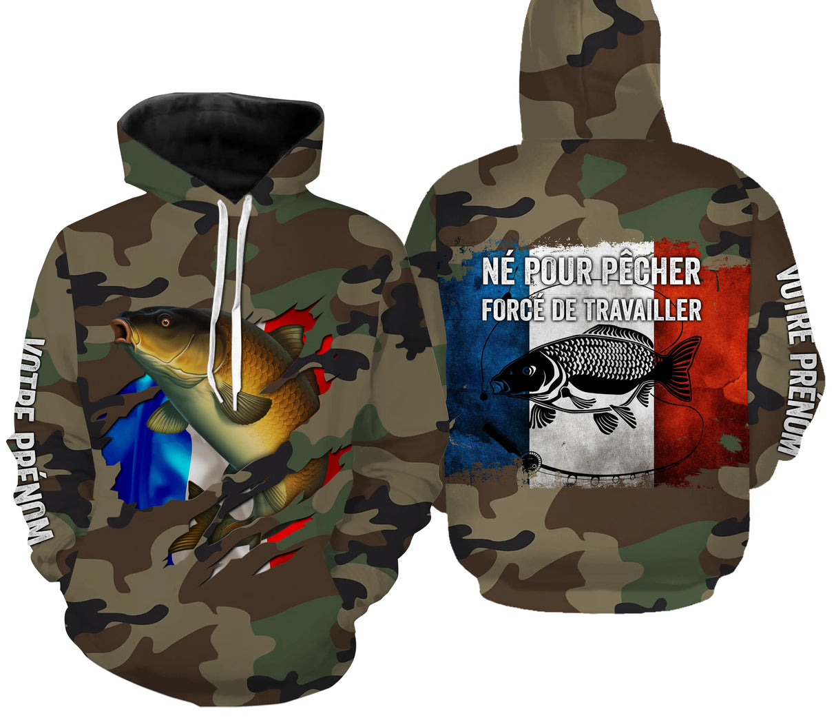 Sweat UV pêche carpe all-over camouflage forêt motif carpe miroir dorée drapeau France Né pour pêcher prénom personnalisé