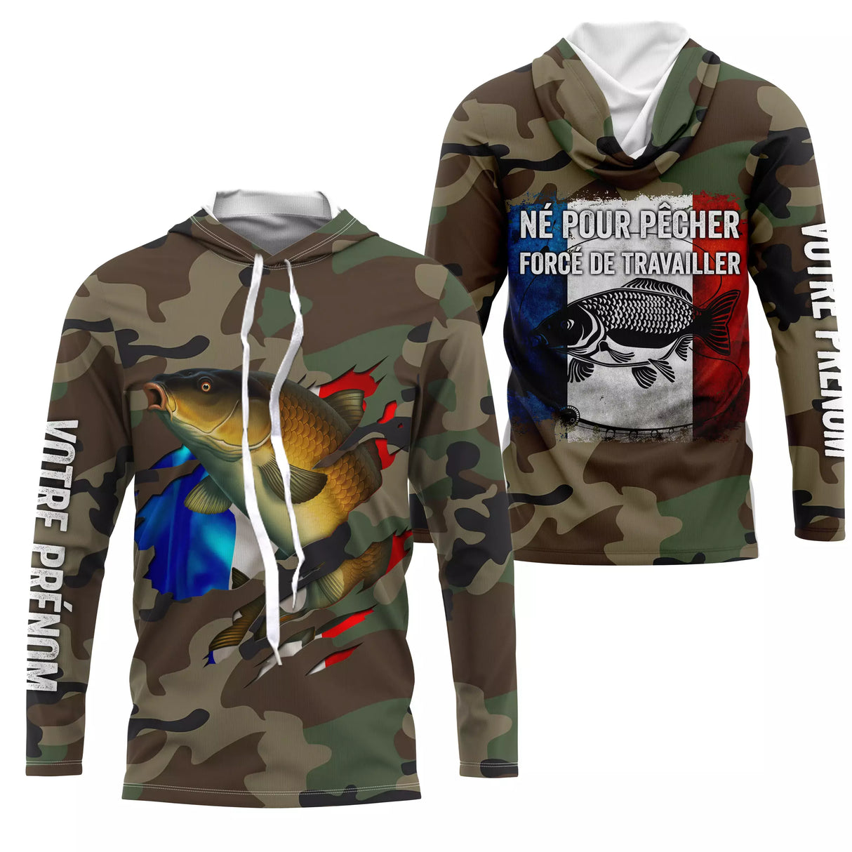 Sweat UV pêche carpe all-over camouflage forêt motif carpe miroir dorée drapeau tricolore prénom personnalisé carpiste