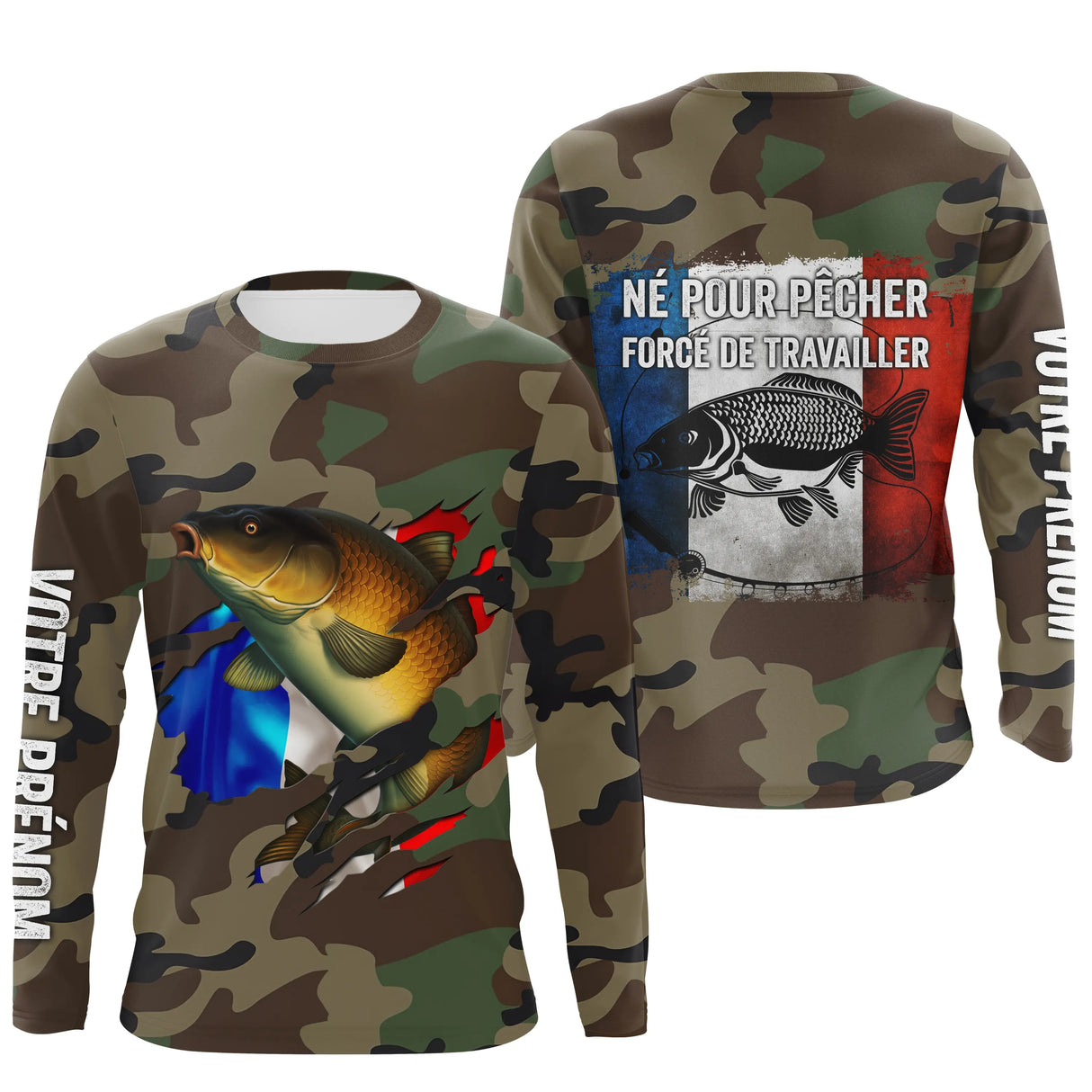 Sweat capuche pêche carpe UV all-over camouflage forêt motif carpe drapeau tricolore prénom personnalisé carpiste