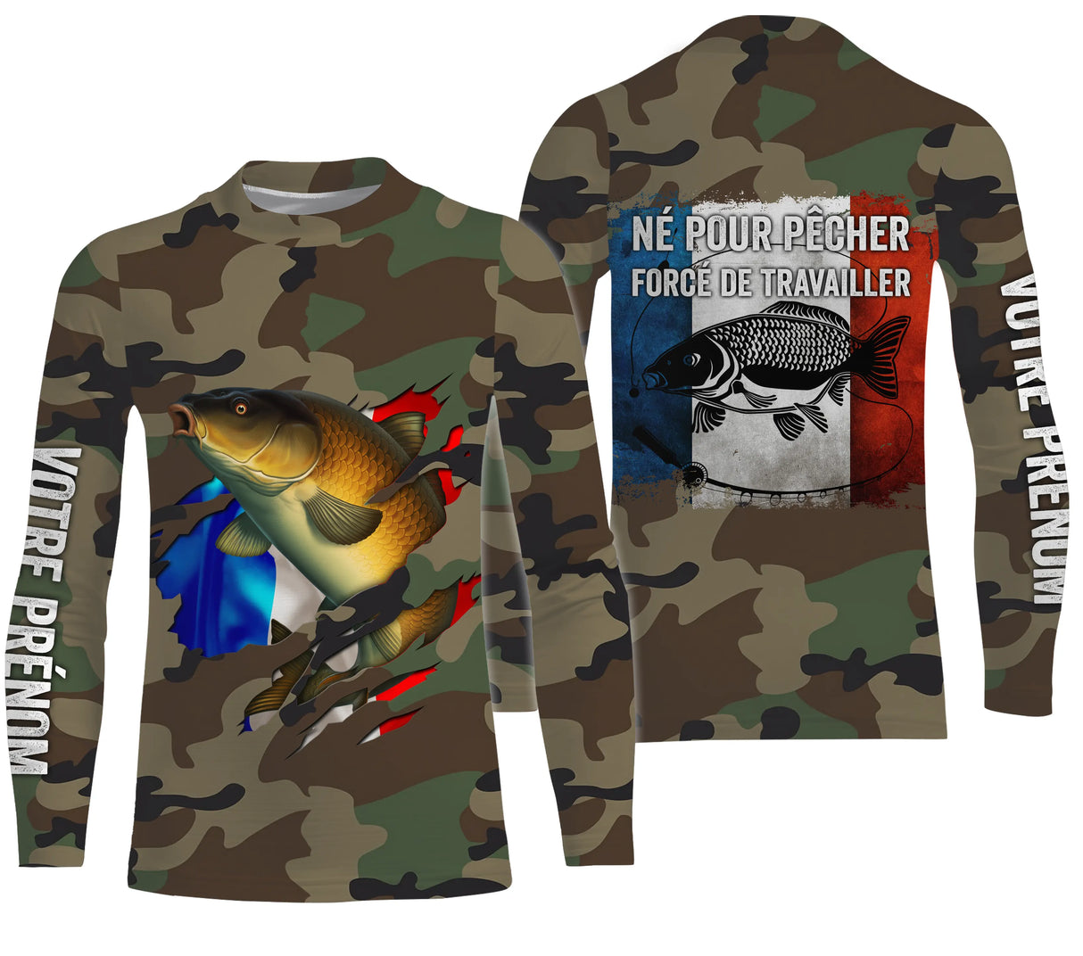 Maillot UV manches longues pêche carpe all-over camouflage forêt motif carpe miroir drapeau France prénom personnalisé