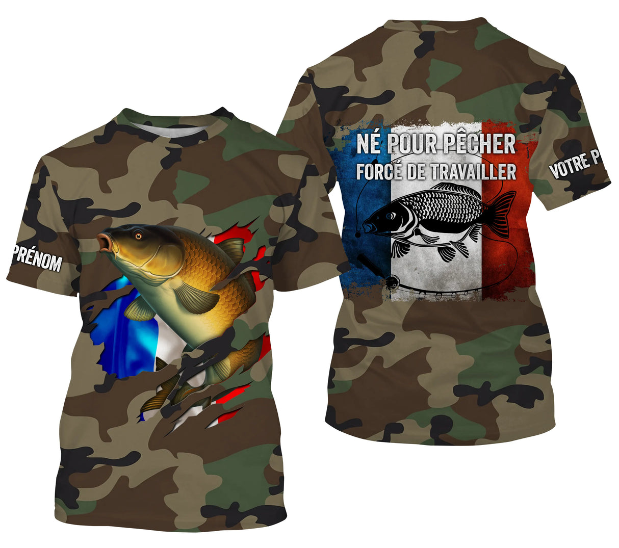 Hoodie pêche carpe UV all-over camouflage forêt motif carpe dorée drapeau France pêcheur prénom personnalisé