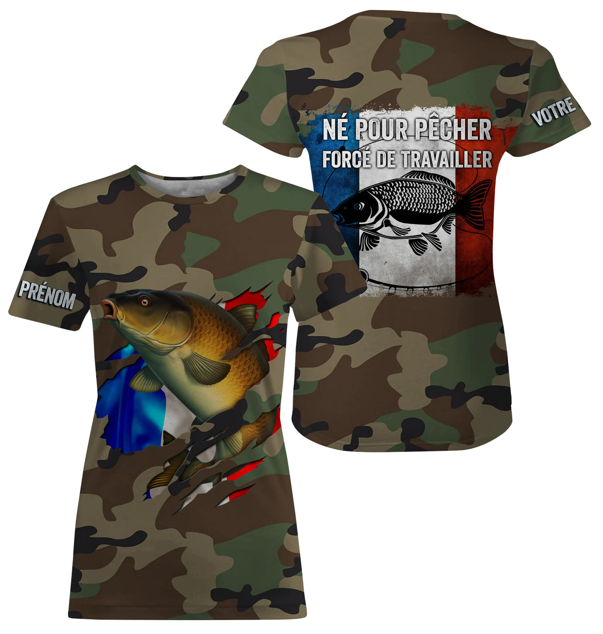 Sweat zippé pêche carpe UV all-over camouflage forêt motif carpe miroir drapeau tricolore prénom personnalisé