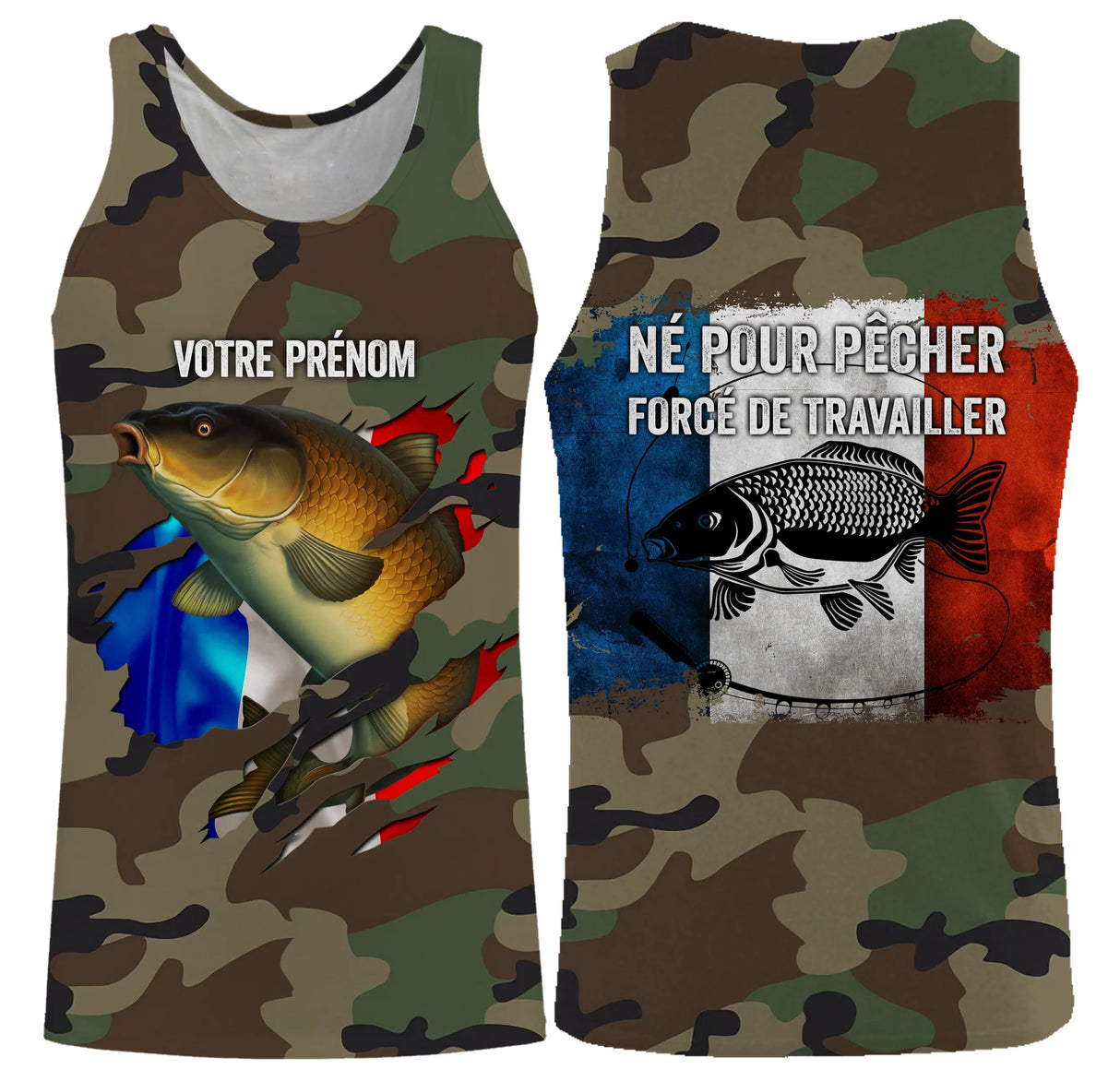 Sweat pêche carpe UV all-over camouflage motif carpe drapeau tricolore Né pour pêcher pêcheur prénom personnalisé