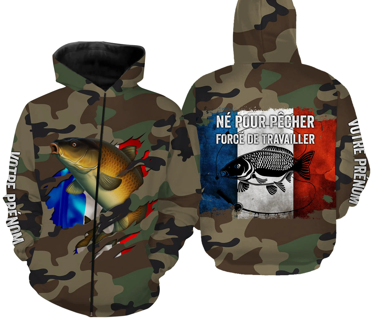 T-shirt manches longues pêche carpe UV camouflage forêt motif carpe drapeau France pêcheur prénom personnalisé