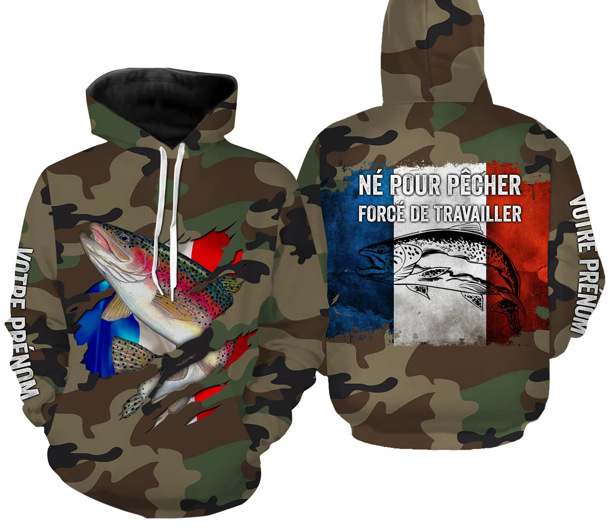 Maillot UV manches longues pêche truite all-over camouflage forêt motif truite drapeau tricolore prénom personnalisé