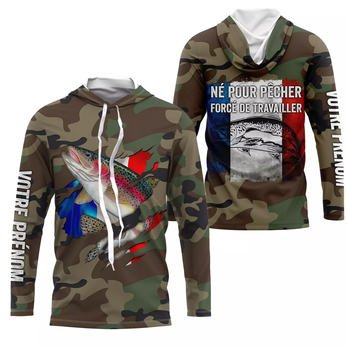 T-shirt UV pêche truite all-over camouflage forêt motif truite drapeau France Né pour pêcher prénom personnalisé