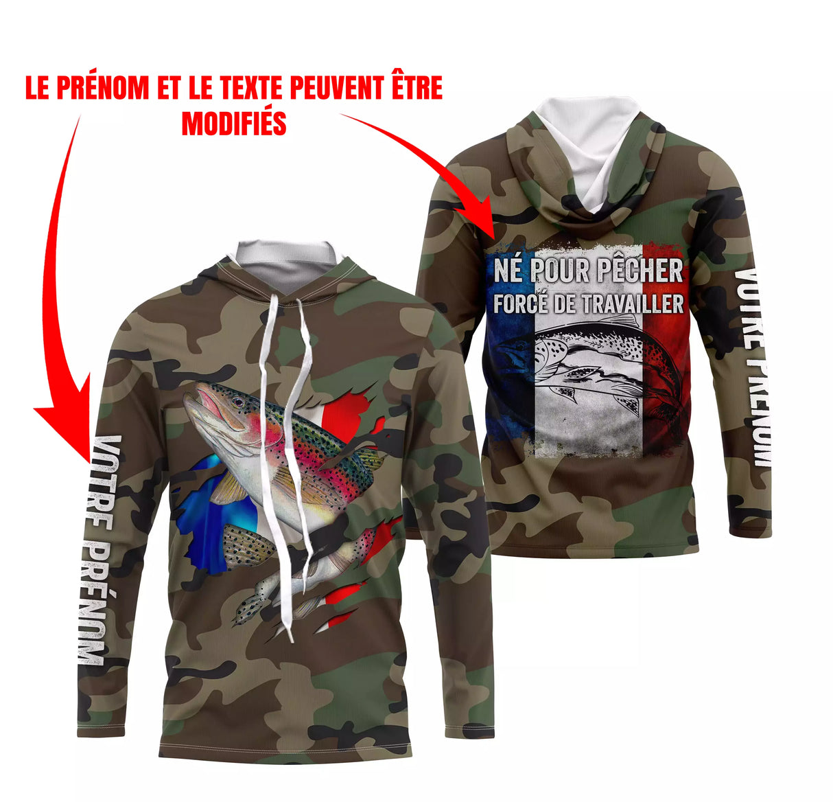 Maillot UV capuche pêche truite all-over camouflage forêt motif truite arc-en-ciel drapeau France Né pour pêcher prénom