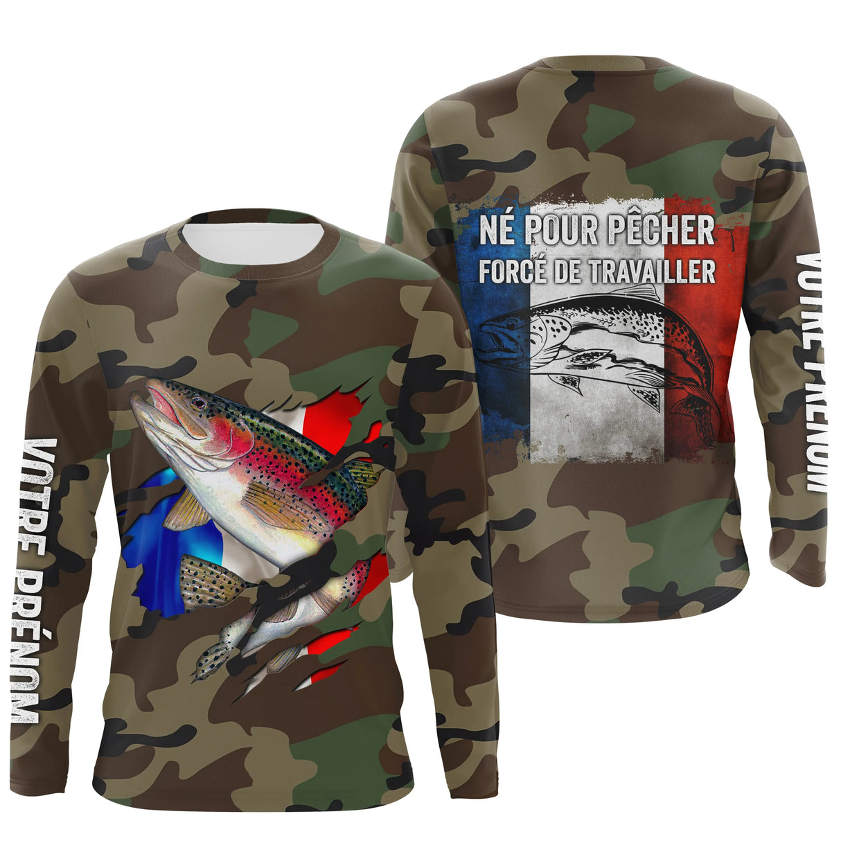 Sweat capuche pêche truite UV all-over camouflage forêt motif truite arc-en-ciel drapeau tricolore prénom personnalisé