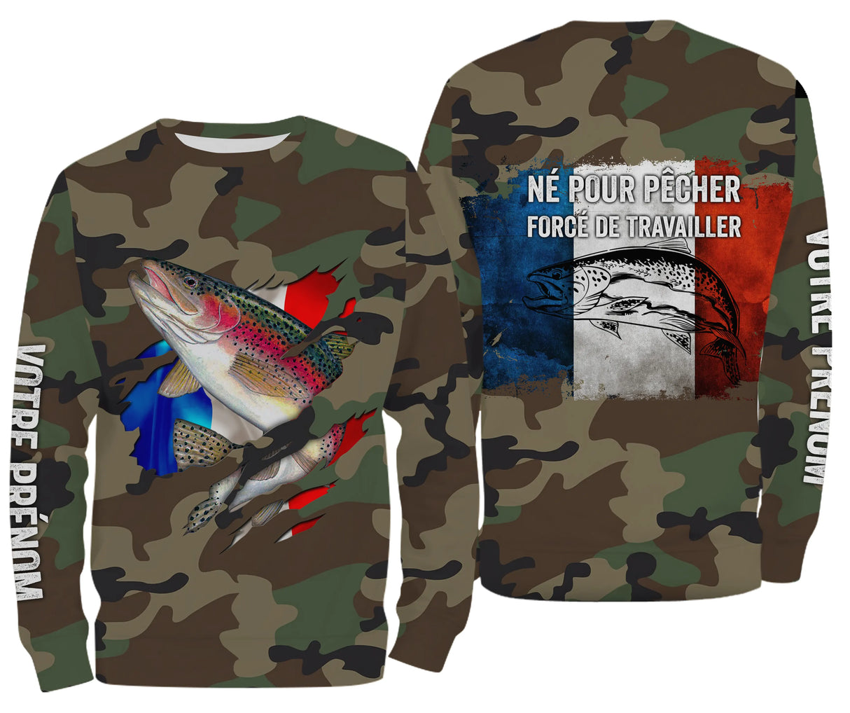 Maillot pêche truite UV all-over camouflage motif truite drapeau tricolore Né pour pêcher pêcheur prénom personnalisé