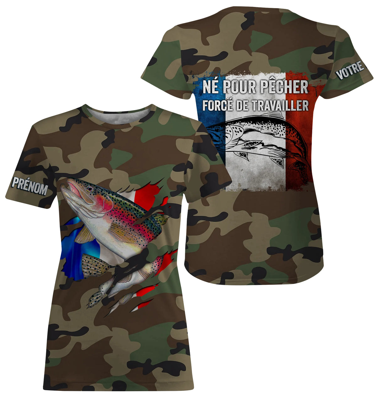 Sweat zippé pêche truite UV all-over camouflage motif truite drapeau France Né pour pêcher prénom personnalisé