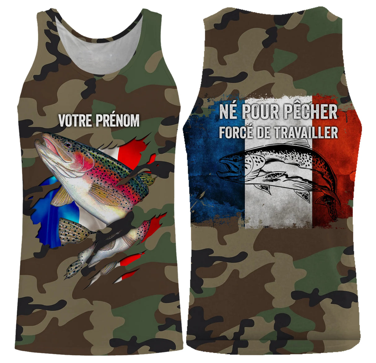 Maillot UV pêche truite all-over camouflage forêt motif truite arc-en-ciel drapeau tricolore prénom personnalisé moucheur