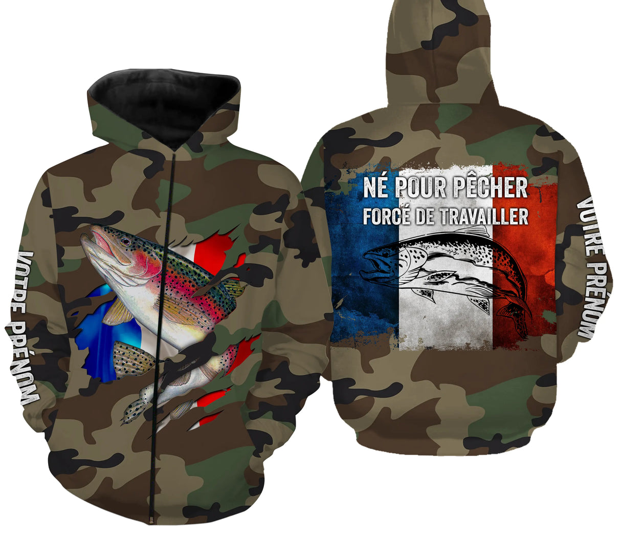 Maillot pêche truite UV camouflage France motif truite drapeau tricolore slogan Né pour pêcher prénom personnalisé moucheur