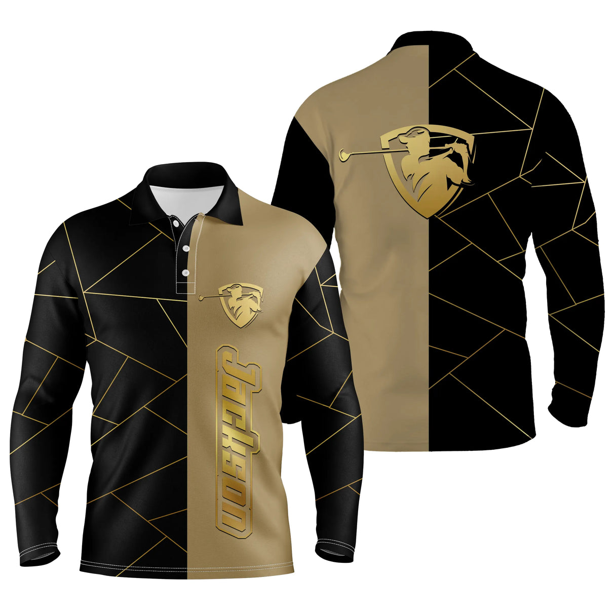 Polo golf manches longues unisexe noir et or prénom personnalisable écusson élégant