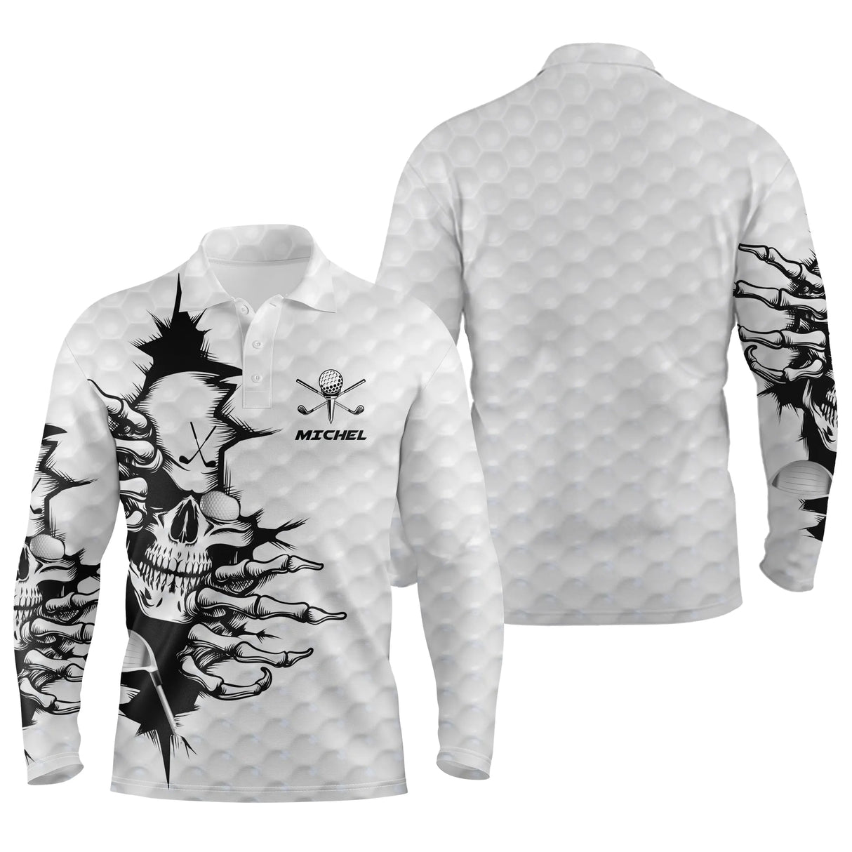 Polo golf manches longues unisexe blanc noir tête de mort silhouettes prénom personnalisable