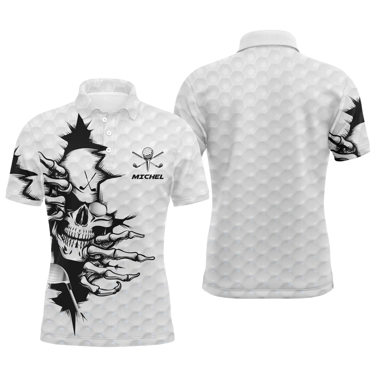 Polo golf homme blanc noir tête de mort déchirure prénom Michel coupe ajustée vue avant