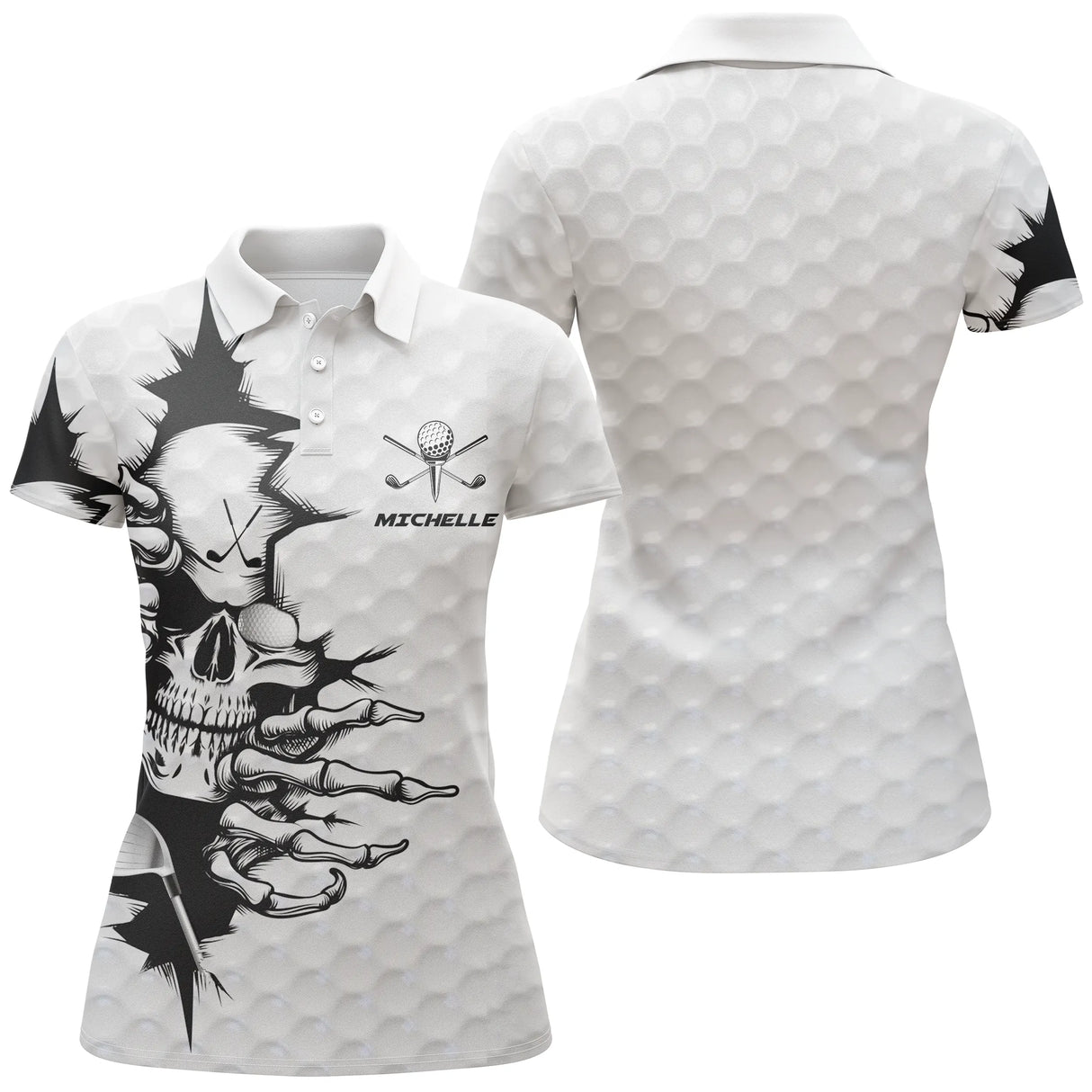Polo golf femme blanc noir skull motif déchirure personnalisable prénom vue dos