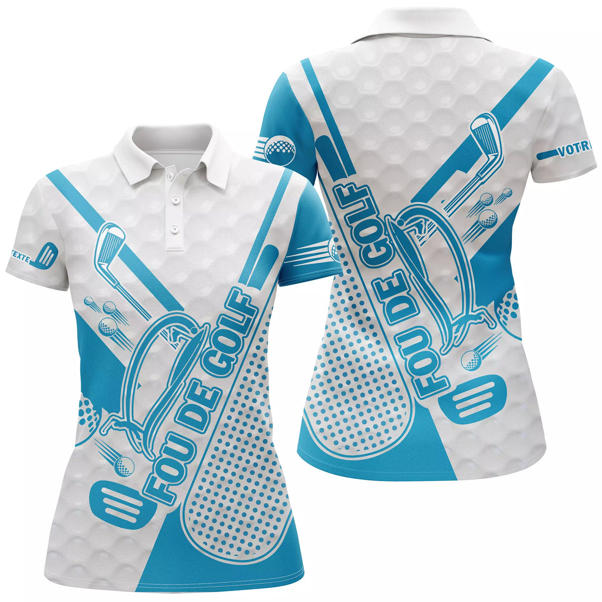 Polo de golf femme bleu personnalisé avec graphismes clubs de golf, coupe cintrée