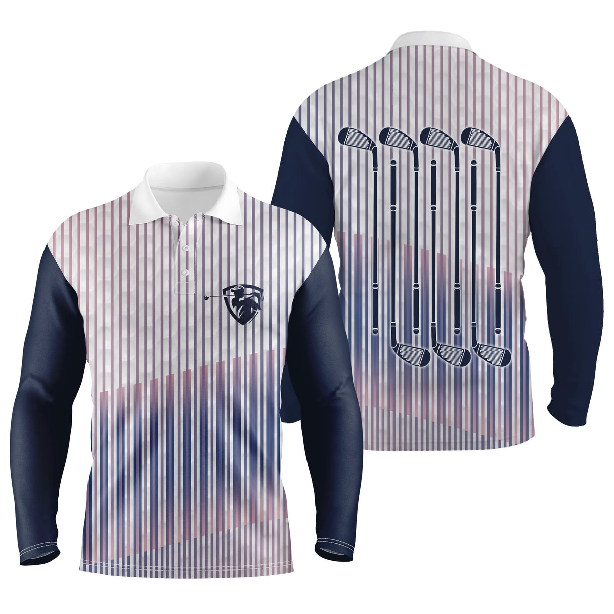 Polo de golf manches longues unisexe rayures bleu rouge et blanc avec clubs alignés pour parcours frais