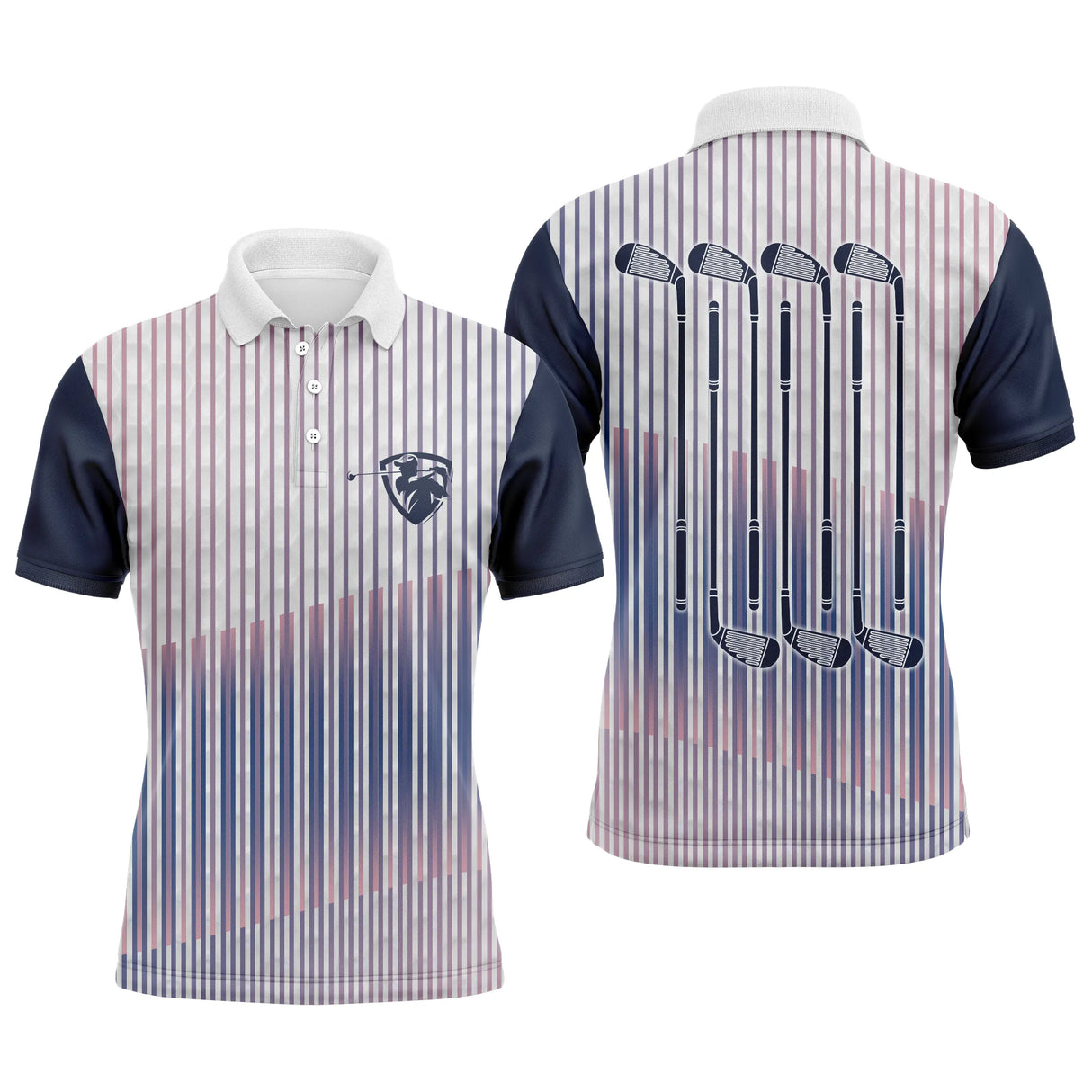 Polo de golf personnalisé homme rayures verticales bleu marine rouge et blanc avec clubs de golf alignés