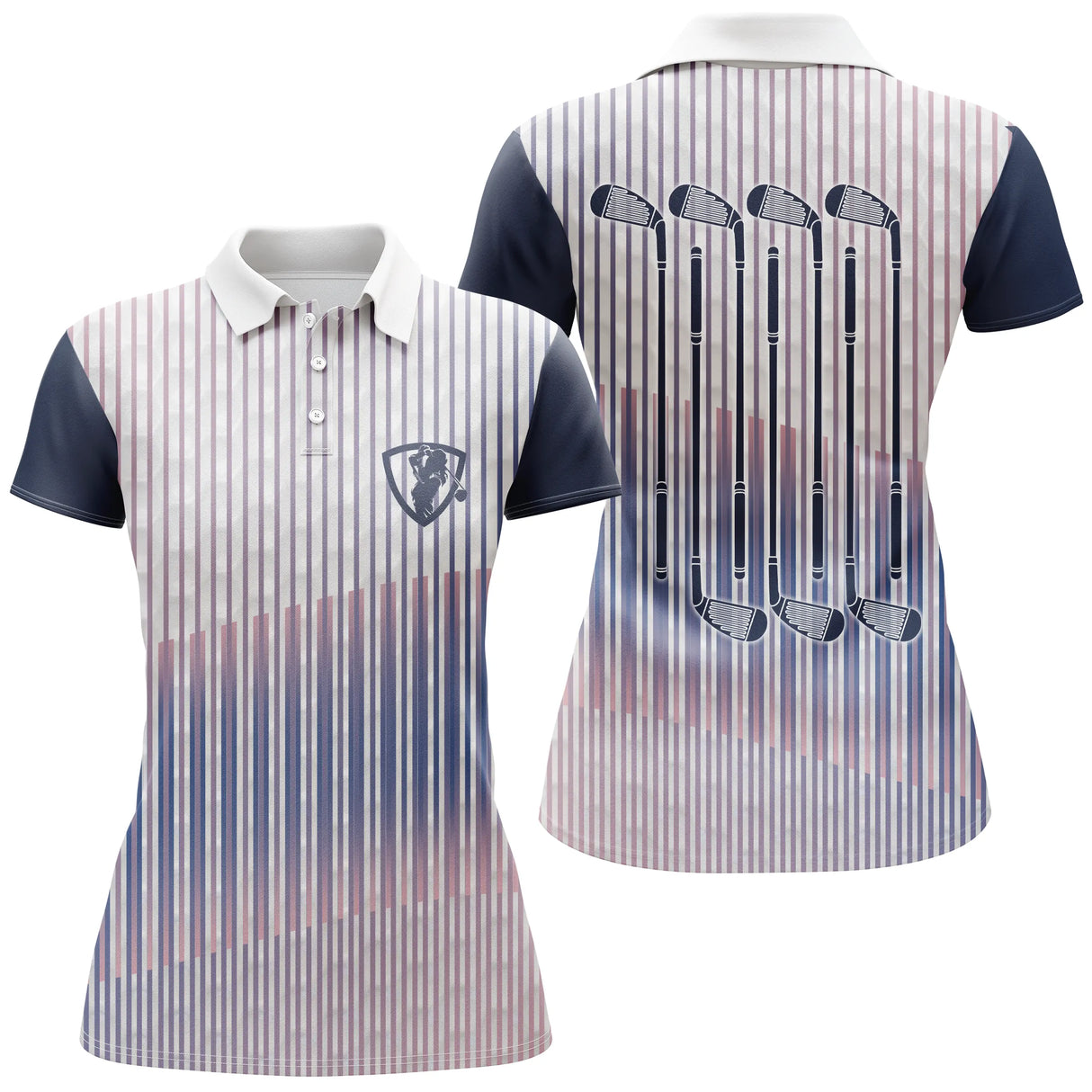 Polo de golf femme rayures bleu rouge et blanc avec motif clubs de golf coupe ajustée féminine