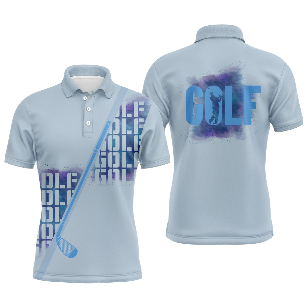Polo de golf personnalisé homme bleu clair avec lettrage GOLF en aquarelle bleu marine et club stylisé