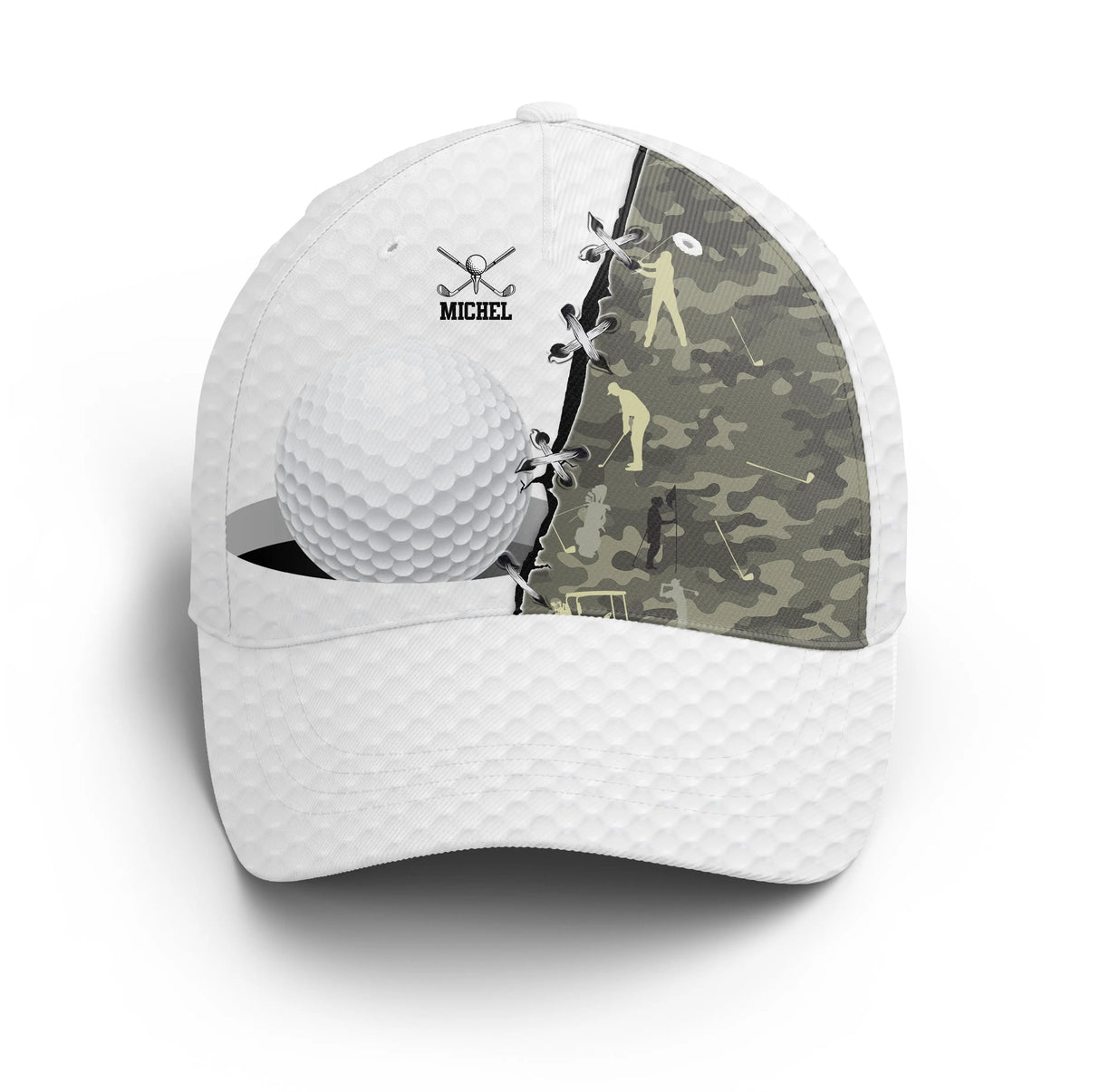Casquette golf jaune camouflage balle golfeur swing prénom côté broderie unisexe personnalisée