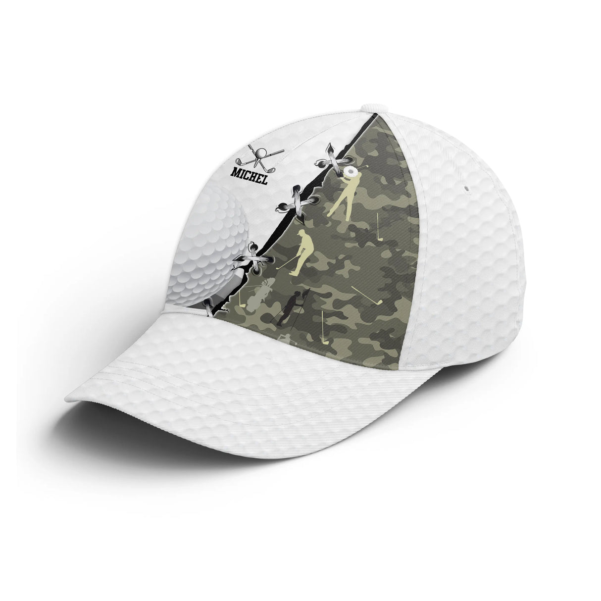 Casquette golf marron camouflage balle golfeur swing prénom côté broderie unisexe personnalisée