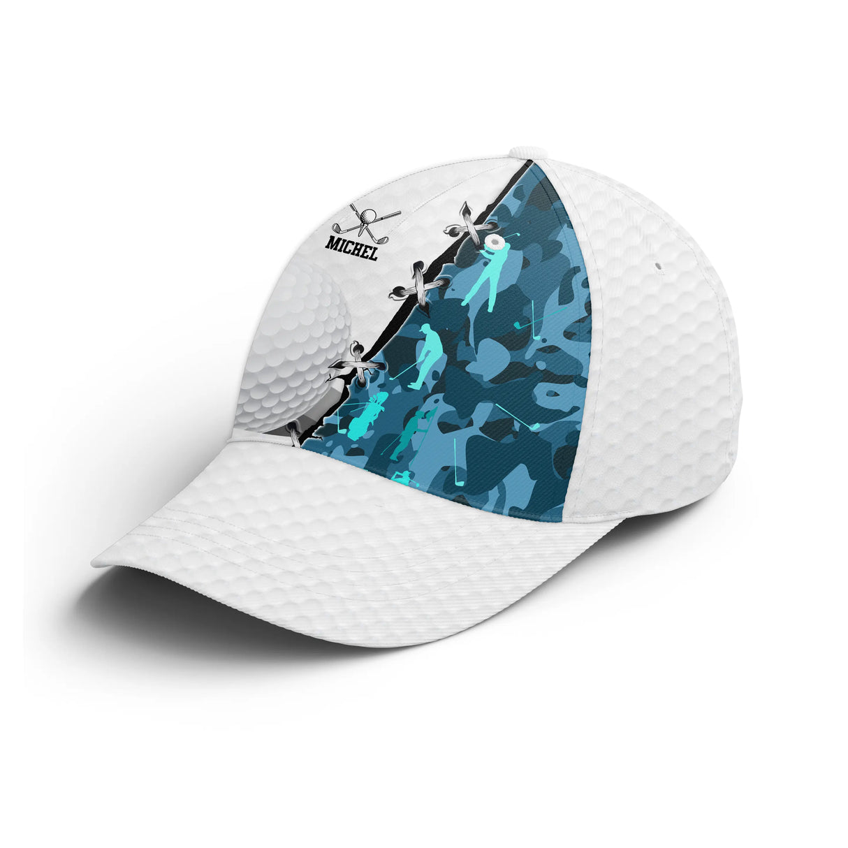 Casquette golf sable camouflage balle golfeur swing prénom côté broderie unisexe personnalisée