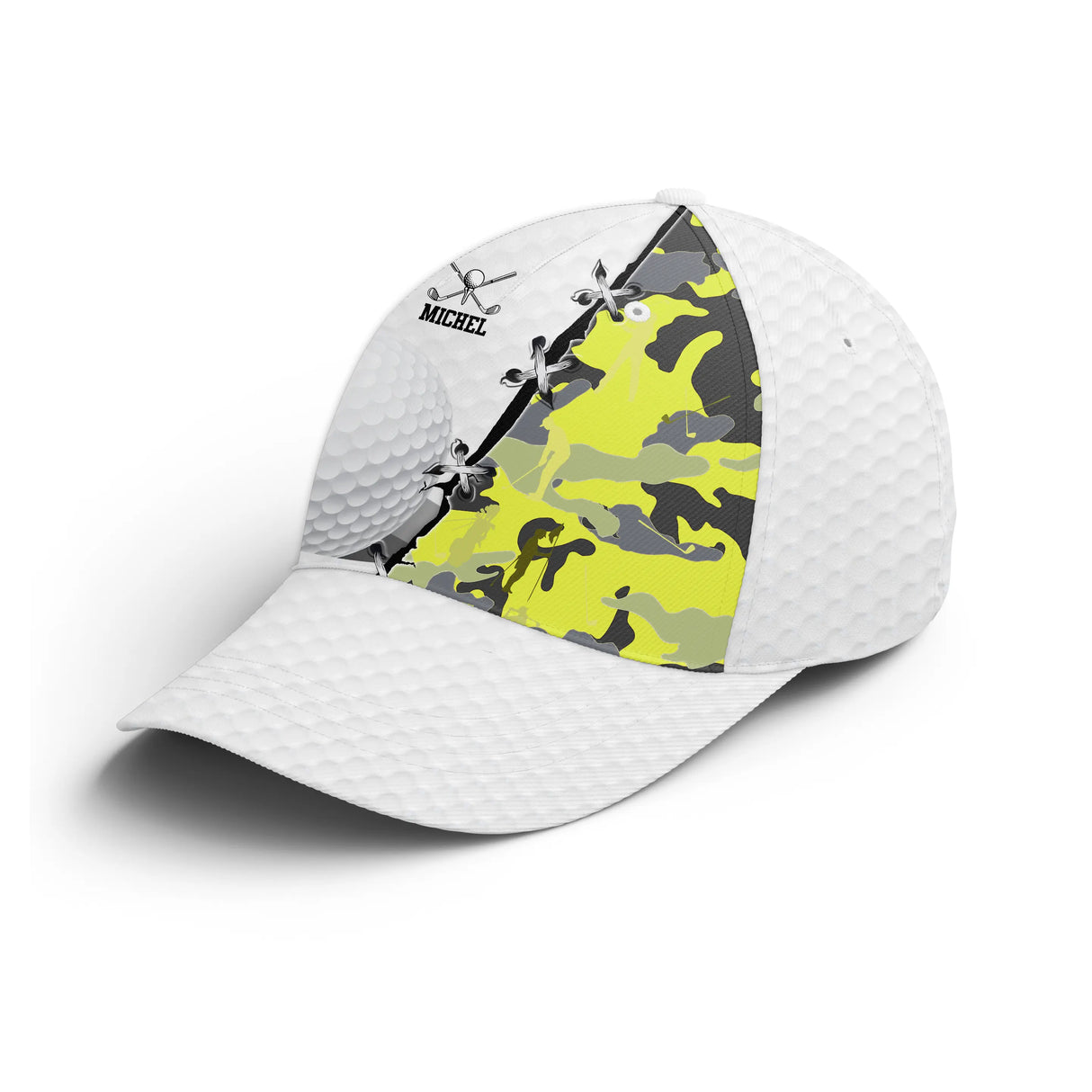 Casquette golf jaune camouflage golfeur prénom broderie côté unisexe personnalisée