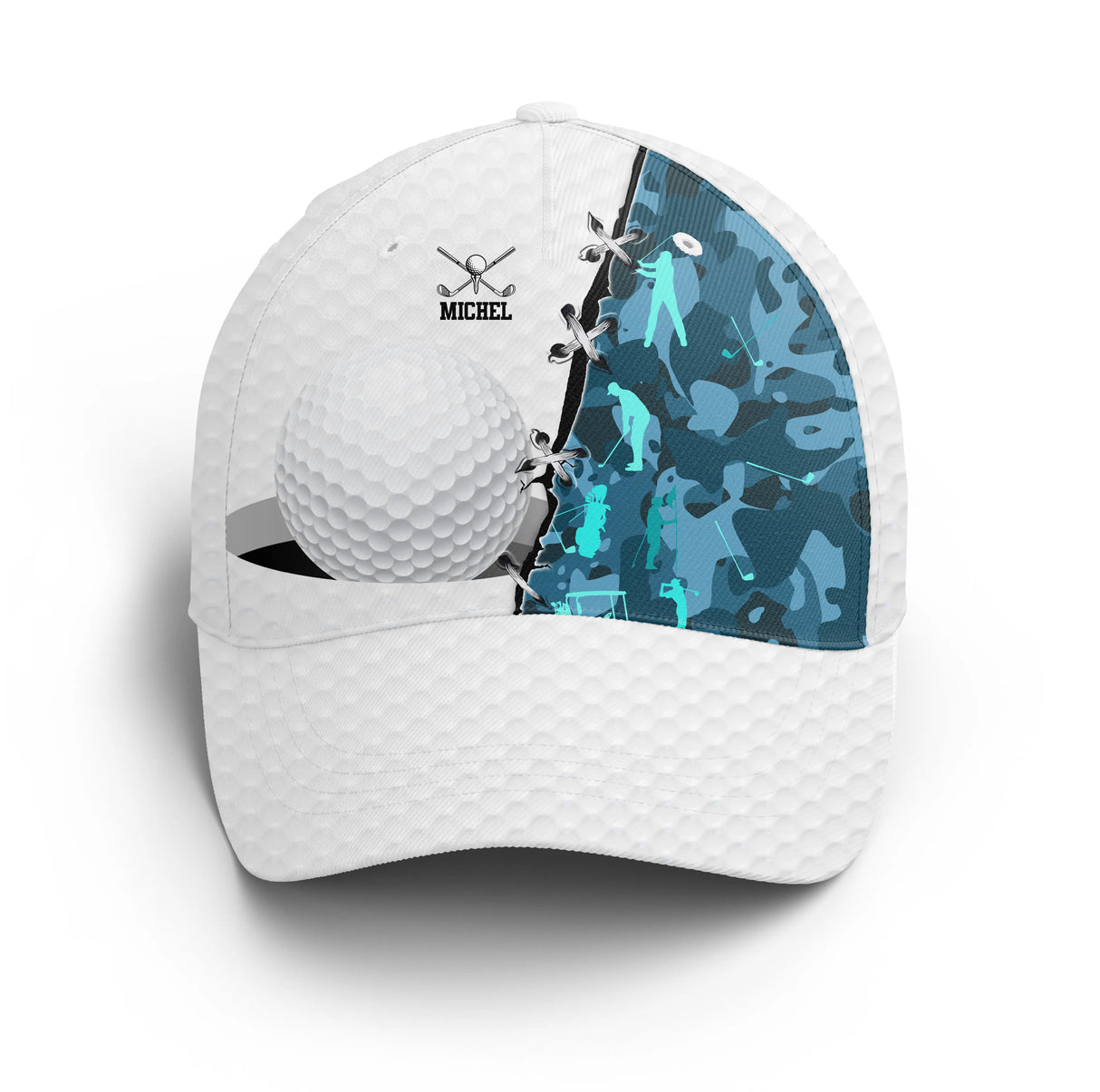 Casquette golf turquoise camouflage balle golfeur swing prénom côté broderie unisexe personnalisée