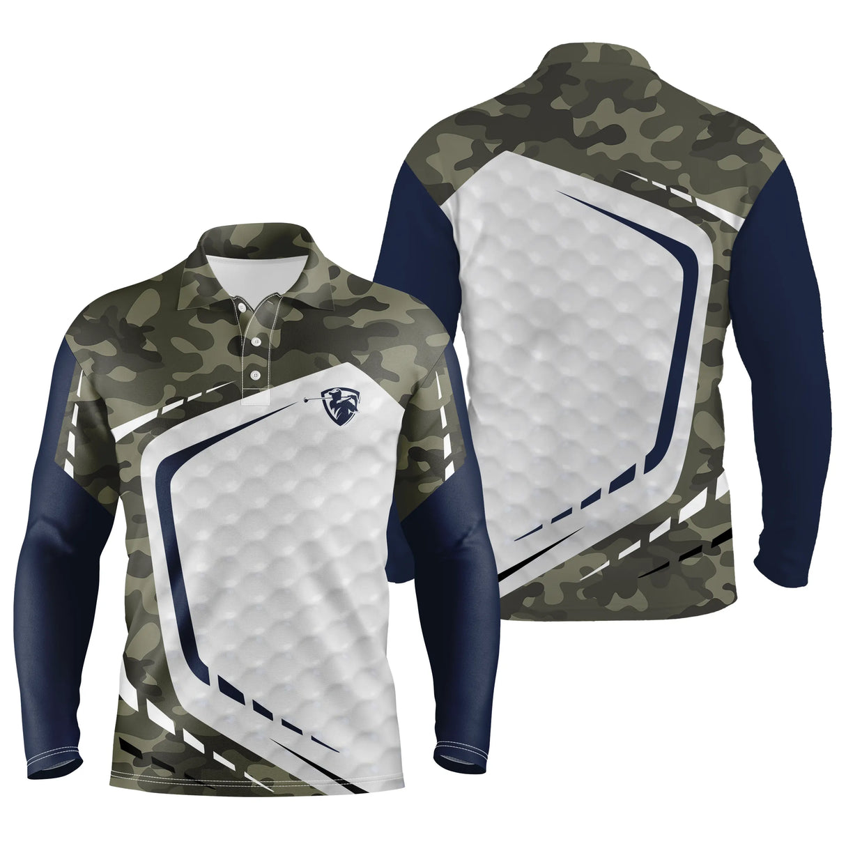 Polo de golf manches longues unisexe camouflage vert kaki et blanc balle de golf parcours frais