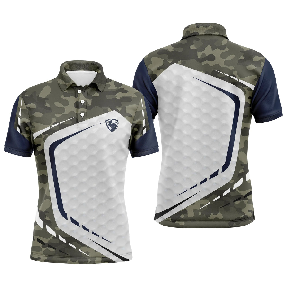 Polo de golf personnalisé homme camouflage vert kaki avec panneau central blanc texturé balle de golf