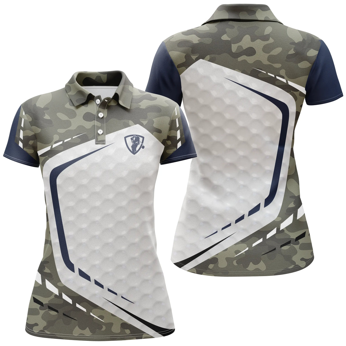 Polo de golf femme camouflage vert kaki et blanc balle de golf coupe ajustée féminine