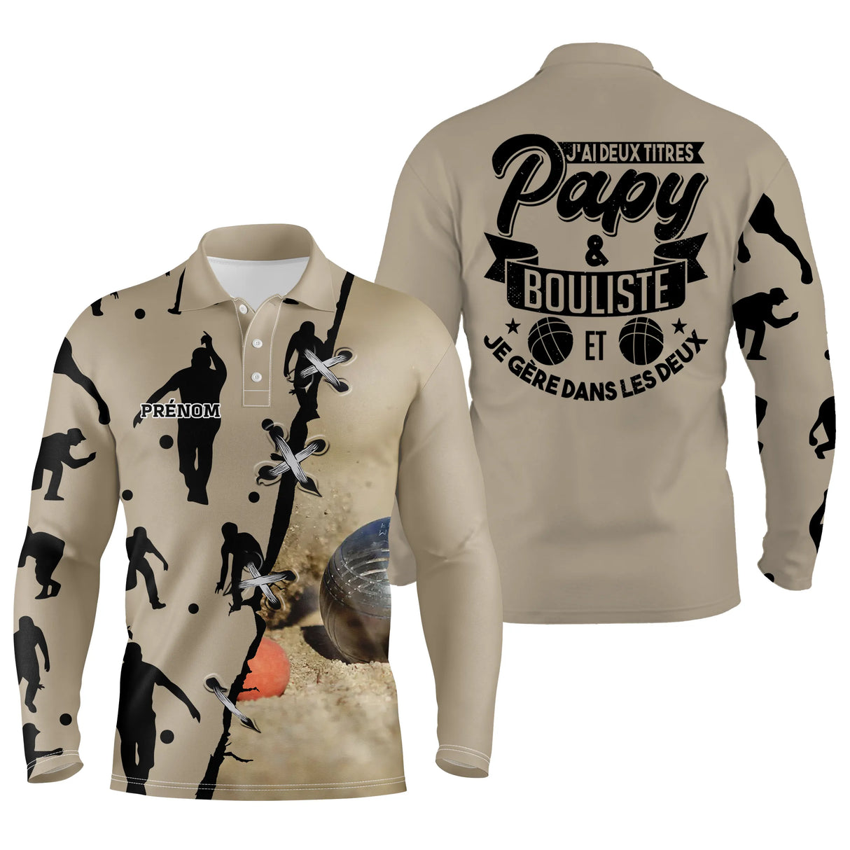 Polo pétanque humour papy bouliste beige sable, design Je gère dans les deux personnalisé