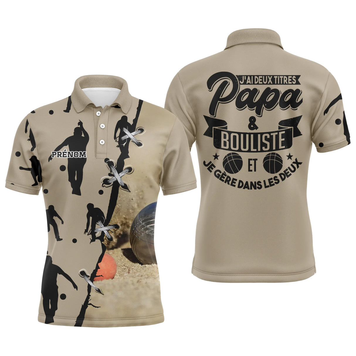 Polo papa bouliste personnalisé sable avec silhouettes joueurs et slogan humour fête des pères