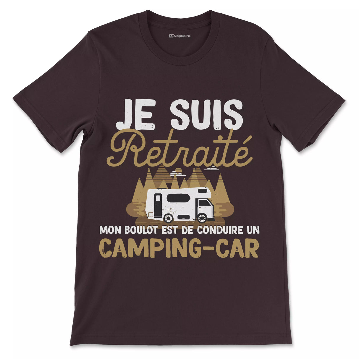 T-shirt humour pot de départ retraite noir illustration camping-car montagnes arbres typographie vintage cadeau