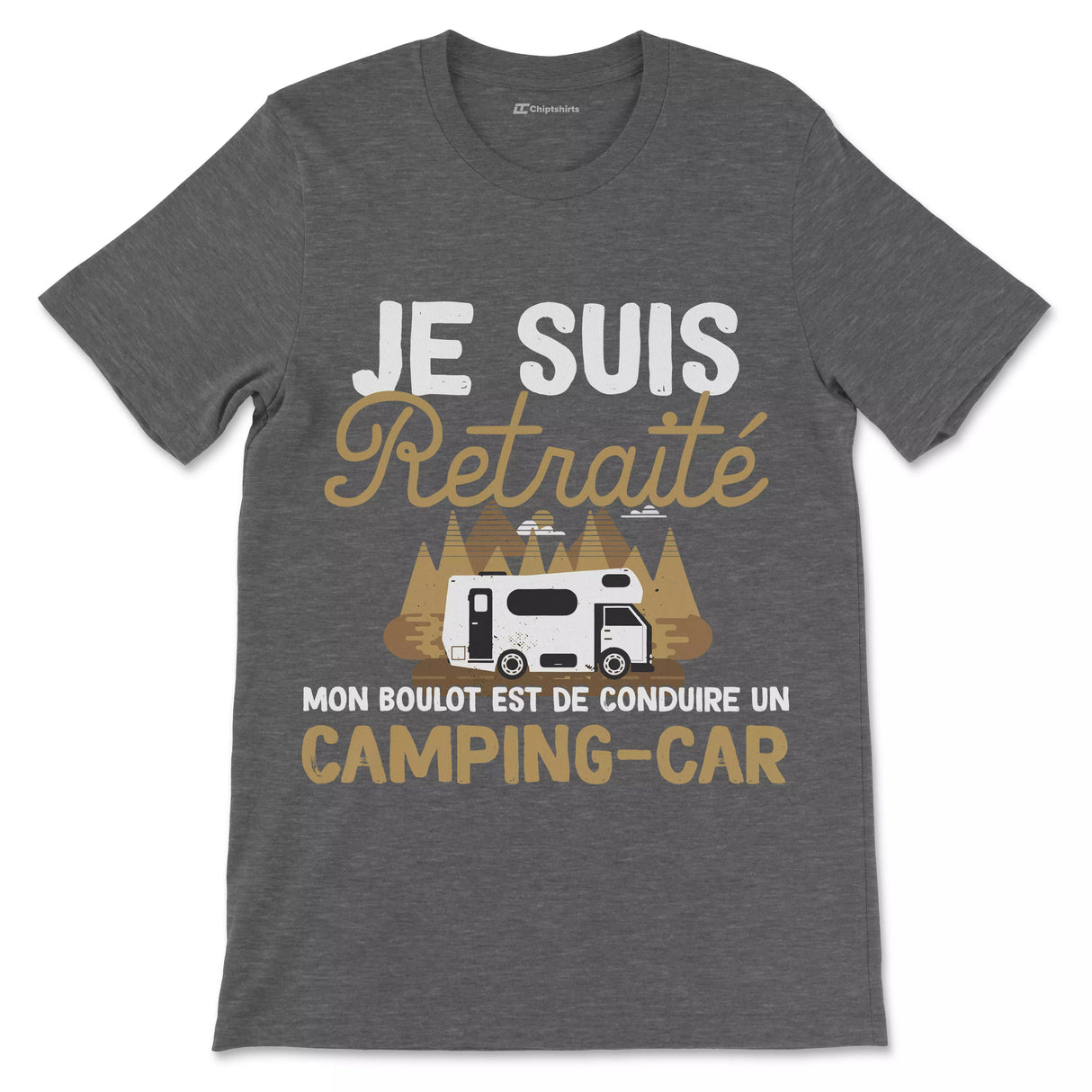 T-shirt retraite humour camping-car noir typographie blanche dorée vintage illustration véhicule loisir voyage