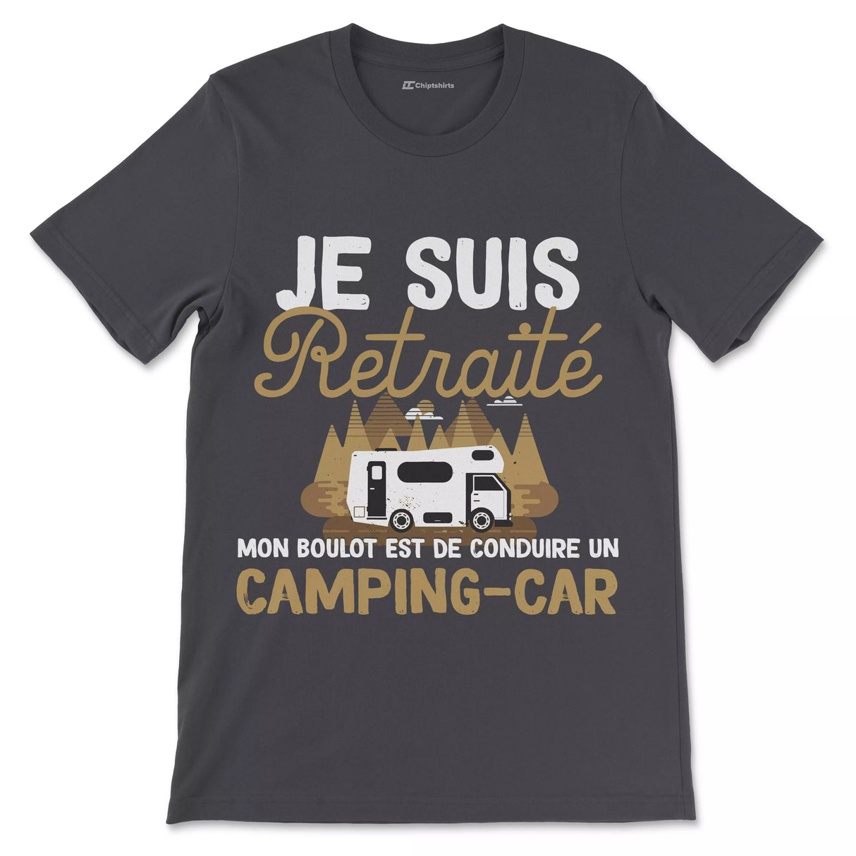T-shirt cadeau papa retraite camping-car noir motif vintage dorée camping-car montagnes arbres baroudeur humour