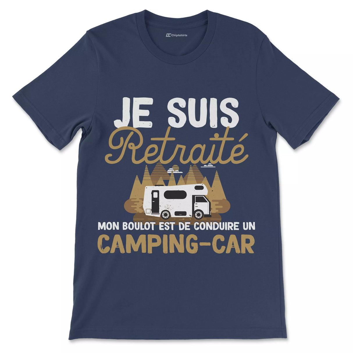 T-shirt humour retraite homme noir motif camping-car vintage blanche dorée pot de départ baroudeur