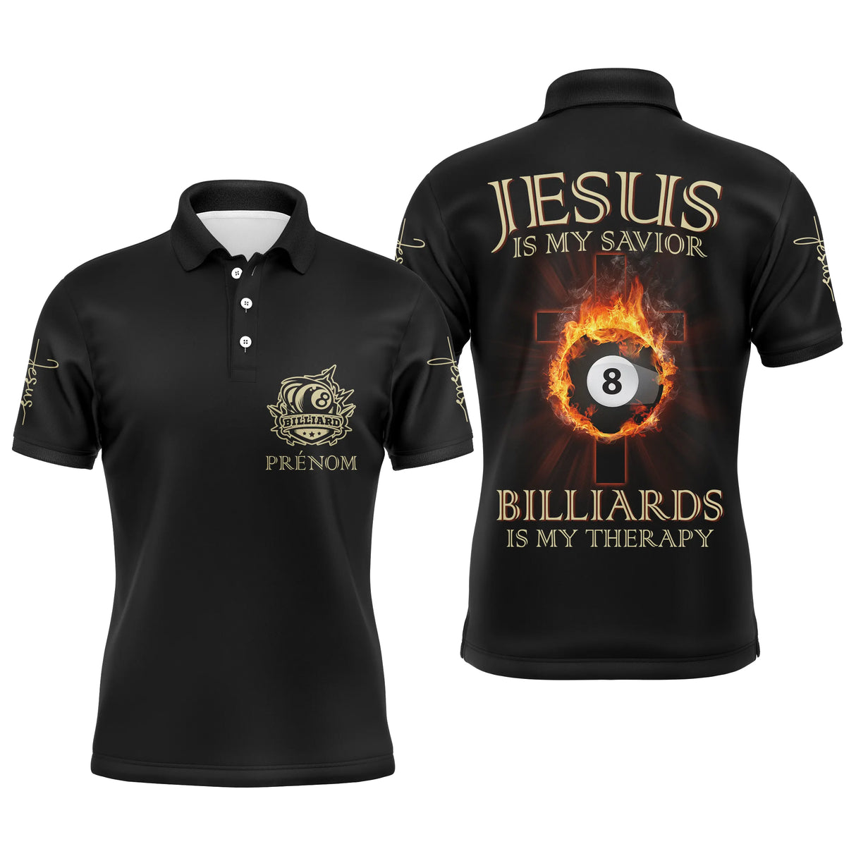 Polo billard noir or avec boule 8 en flammes et slogan Jesus is my savior Billiards is my therapy, prénom personnalisé
