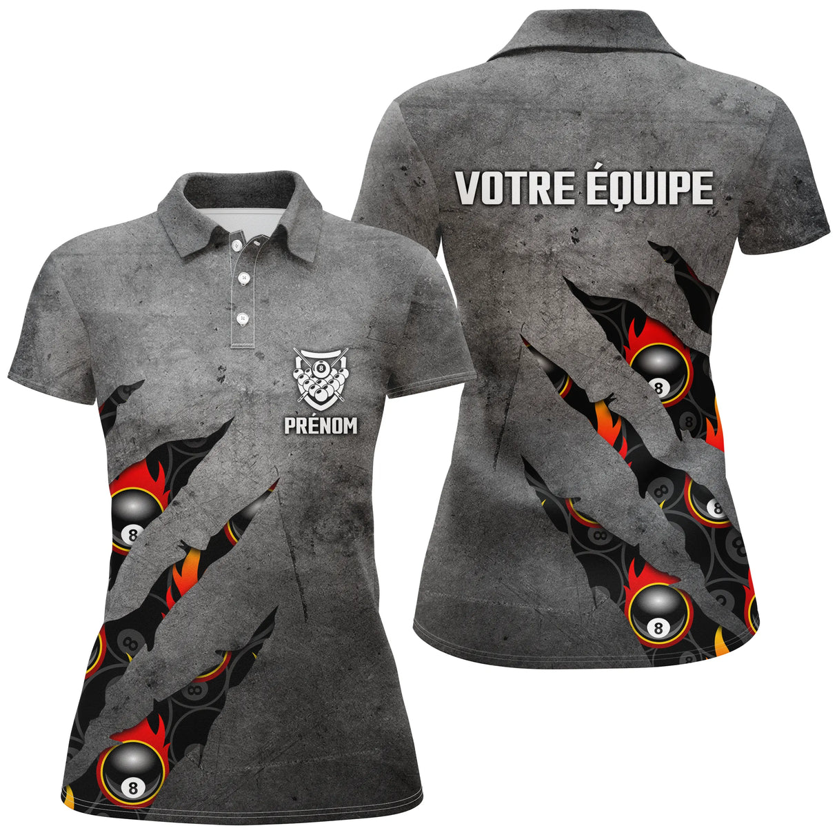 Polo billard gris acier femme avec lacérations, billes de billard et logo club, prénom personnalisé